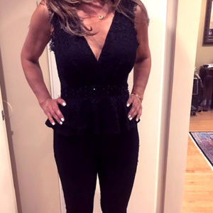 Symphony V Neck Peplum Waist Lace Jumpsuit - Small